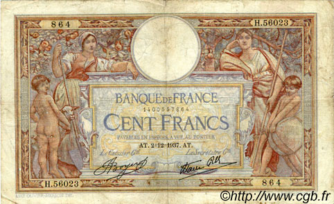 100 Francs LUC OLIVIER MERSON type modifié FRANCIA  1937 F.25.04 MC