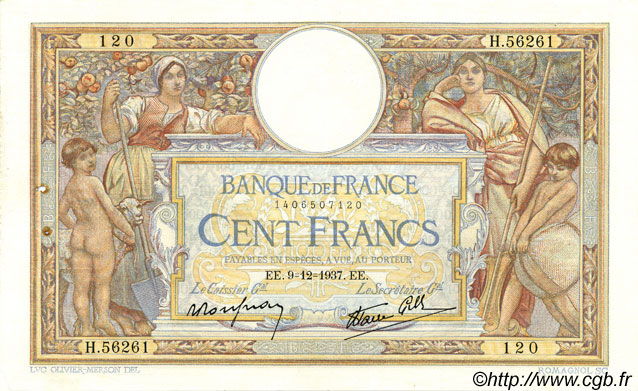 100 Francs LUC OLIVIER MERSON type modifié FRANCE  1937 F.25.05 VF+