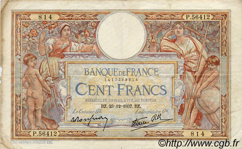 100 Francs LUC OLIVIER MERSON type modifié FRANCIA  1937 F.25.06 BC+