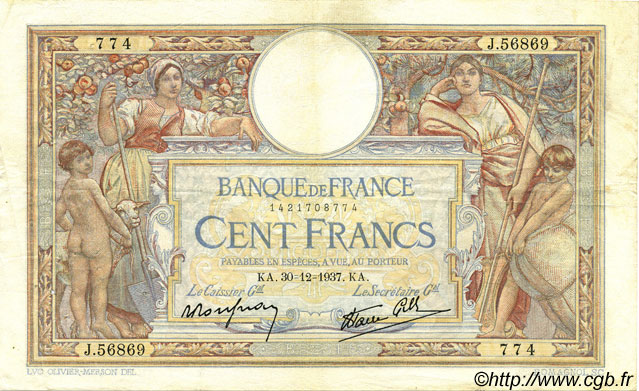 100 Francs LUC OLIVIER MERSON type modifié FRANCIA  1937 F.25.07 MBC