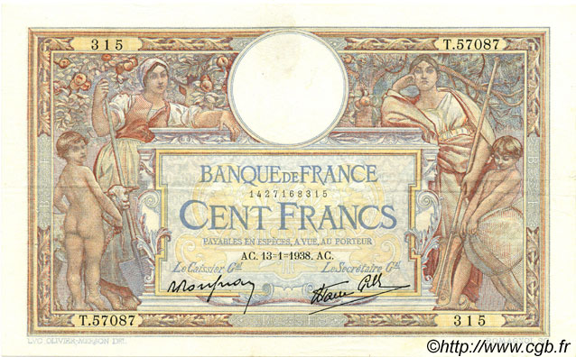 100 Francs LUC OLIVIER MERSON type modifié FRANCIA  1938 F.25.08 BB to SPL
