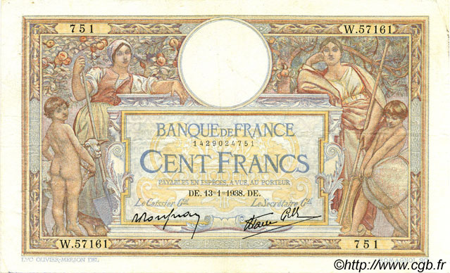 100 Francs LUC OLIVIER MERSON type modifié FRANKREICH  1938 F.25.08 fVZ