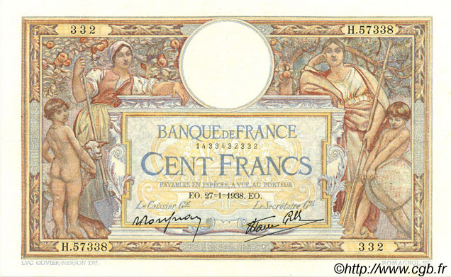 100 Francs LUC OLIVIER MERSON type modifié FRANCIA  1938 F.25.09 SPL