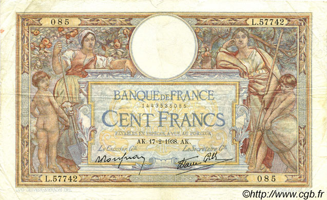 100 Francs LUC OLIVIER MERSON type modifié FRANCIA  1938 F.25.11 MB