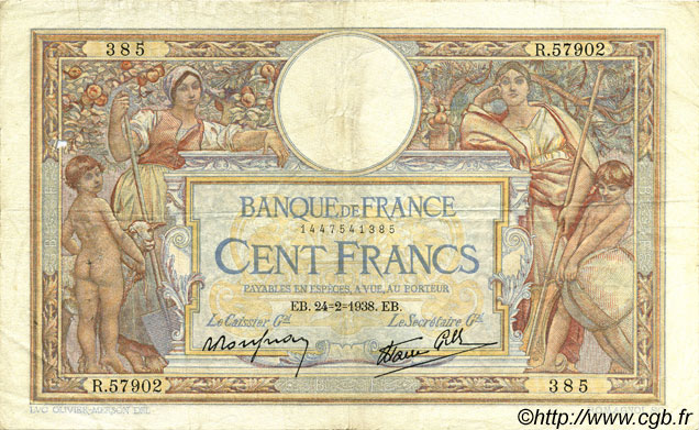 100 Francs LUC OLIVIER MERSON type modifié FRANCIA  1938 F.25.12 q.BB