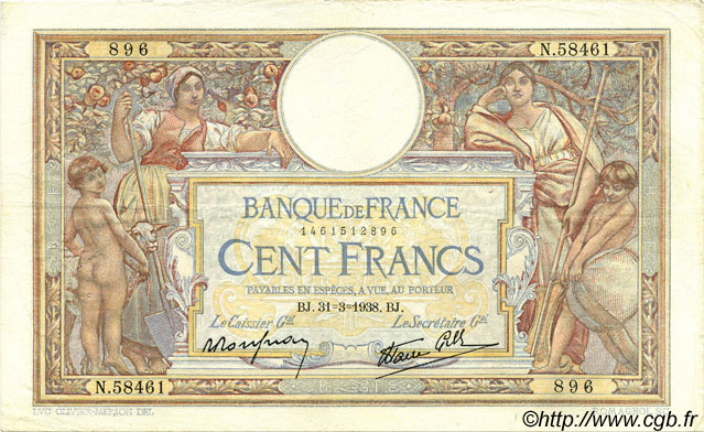 100 Francs LUC OLIVIER MERSON type modifié FRANKREICH  1938 F.25.14 fVZ