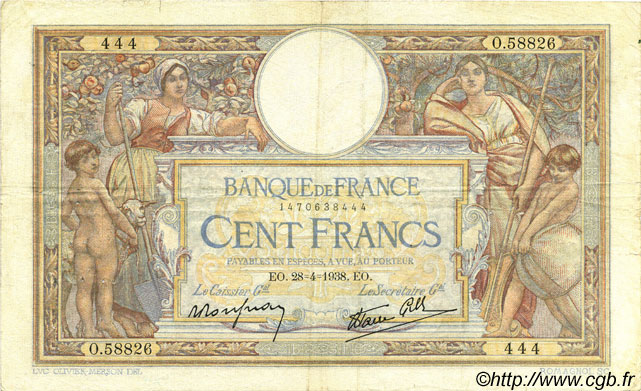100 Francs LUC OLIVIER MERSON type modifié FRANKREICH  1938 F.25.16 fSS