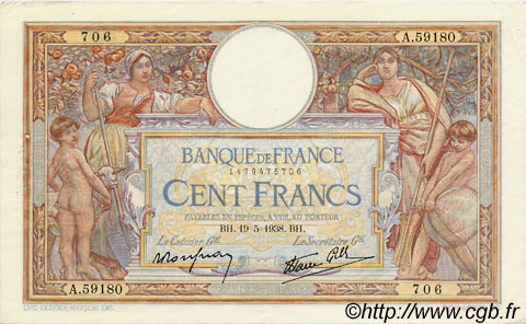 100 Francs LUC OLIVIER MERSON type modifié FRANCIA  1938 F.25.19 q.SPL