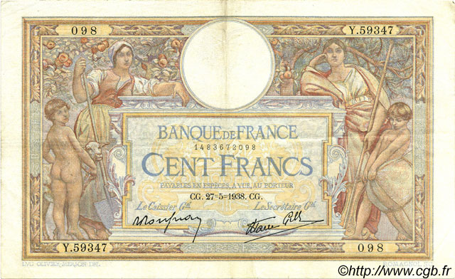 100 Francs LUC OLIVIER MERSON type modifié FRANCE  1938 F.25.20 VF