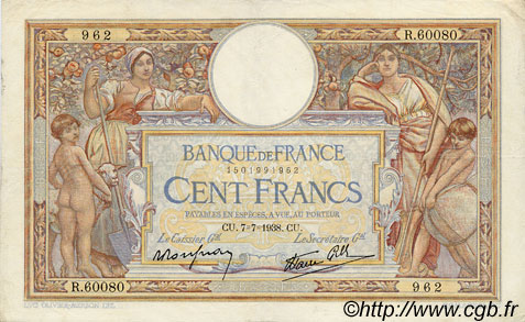 100 Francs LUC OLIVIER MERSON type modifié FRANCIA  1938 F.25.25 MBC