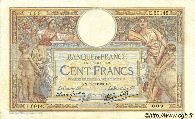 100 Francs LUC OLIVIER MERSON type modifié FRANCIA  1938 F.25.25 BC+