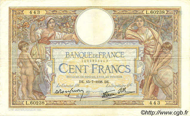 100 Francs LUC OLIVIER MERSON type modifié FRANKREICH  1938 F.25.26 SS