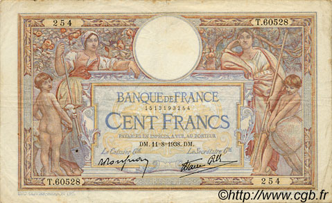100 Francs LUC OLIVIER MERSON type modifié FRANKREICH  1938 F.25.28 fSS
