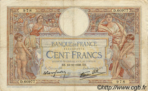 100 Francs LUC OLIVIER MERSON type modifié FRANCIA  1938 F.25.31 MB
