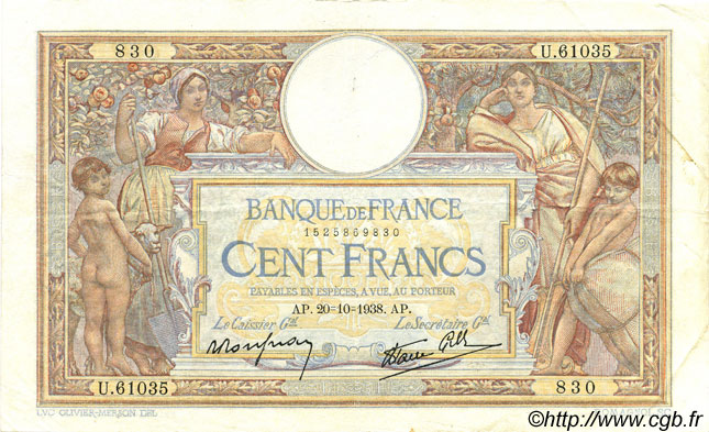 100 Francs LUC OLIVIER MERSON type modifié FRANKREICH  1938 F.25.32 SS
