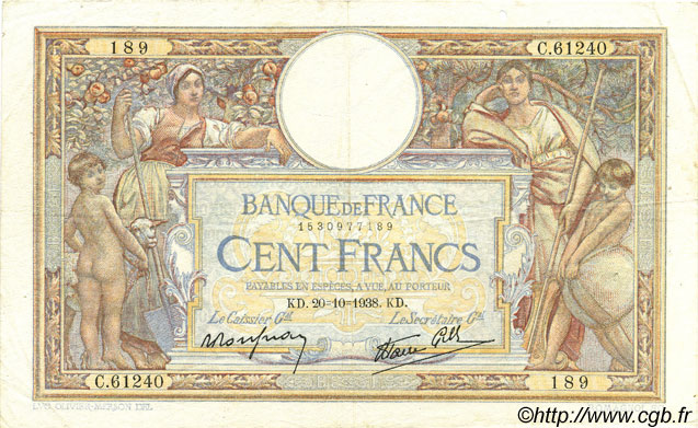 100 Francs LUC OLIVIER MERSON type modifié FRANCE  1938 F.25.32 VF