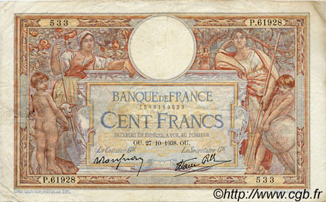100 Francs LUC OLIVIER MERSON type modifié FRANCIA  1938 F.25.33 MBC
