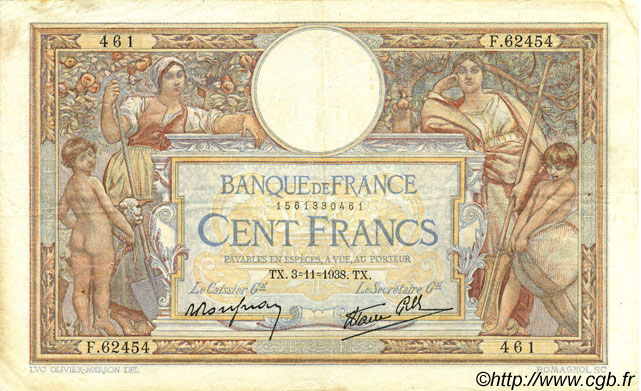 100 Francs LUC OLIVIER MERSON type modifié FRANCIA  1938 F.25.34 BB