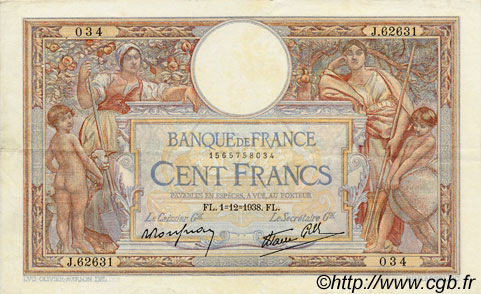 100 Francs LUC OLIVIER MERSON type modifié FRANKREICH  1938 F.25.35 fVZ