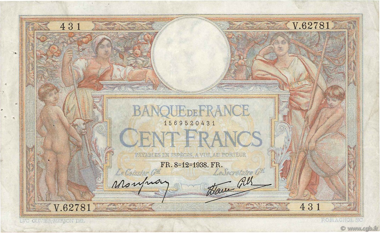 100 Francs LUC OLIVIER MERSON type modifié FRANKREICH  1938 F.25.36 SS