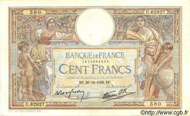 100 Francs LUC OLIVIER MERSON type modifié FRANCIA  1938 F.25.37 q.SPL