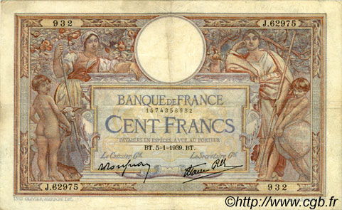 100 Francs LUC OLIVIER MERSON type modifié FRANCIA  1939 F.25.38 BC+ a MBC