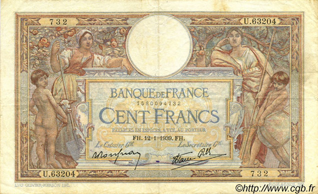 100 Francs LUC OLIVIER MERSON type modifié FRANCIA  1939 F.25.39 BC+