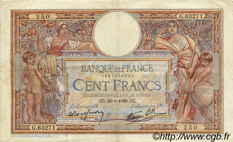 100 Francs LUC OLIVIER MERSON type modifié FRANKREICH  1939 F.25.40 fVZ