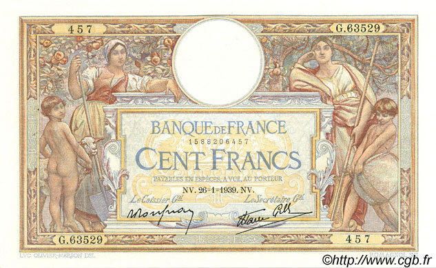 100 Francs LUC OLIVIER MERSON type modifié FRANCIA  1939 F.25.40 SPL