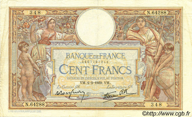 100 Francs LUC OLIVIER MERSON type modifié FRANKREICH  1939 F.25.41 fVZ