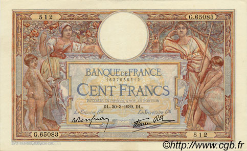 100 Francs LUC OLIVIER MERSON type modifié FRANCIA  1939 F.25.44 EBC a SC