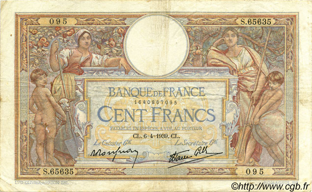 100 Francs LUC OLIVIER MERSON type modifié FRANCIA  1939 F.25.45 q.BB