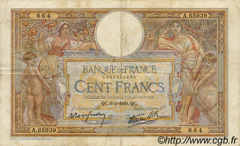 100 Francs LUC OLIVIER MERSON type modifié FRANCIA  1939 F.25.45 MBC
