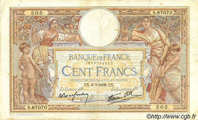 100 Francs LUC OLIVIER MERSON type modifié FRANCIA  1939 F.25.48 BC