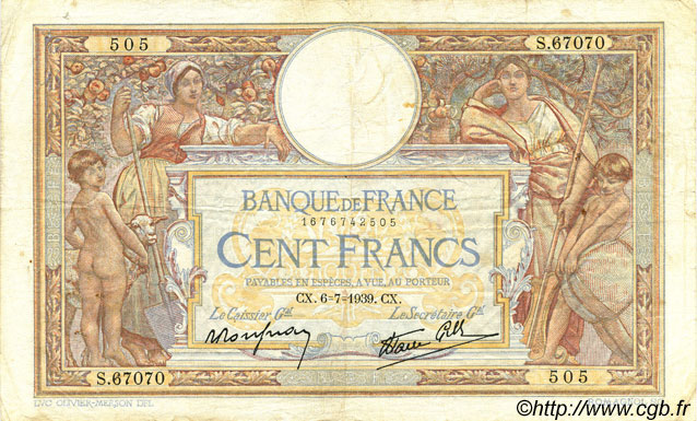 100 Francs LUC OLIVIER MERSON type modifié FRANCE  1939 F.25.48 TB