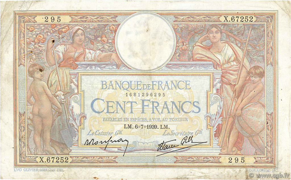 100 Francs LUC OLIVIER MERSON type modifié FRANCIA  1939 F.25.48 RC+