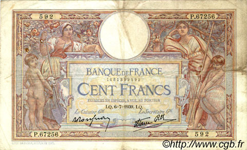 100 Francs LUC OLIVIER MERSON type modifié FRANCE  1939 F.25.48 TB+