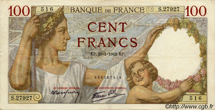 100 Francs SULLY FRANCE  1939 F.26 TTB