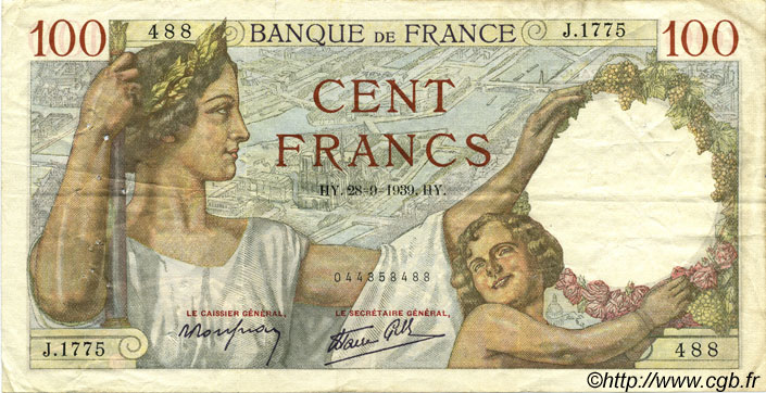 100 Francs SULLY FRANCIA  1939 F.26.08 MBC