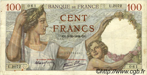 100 Francs SULLY FRANCIA  1939 F.26.09 MBC