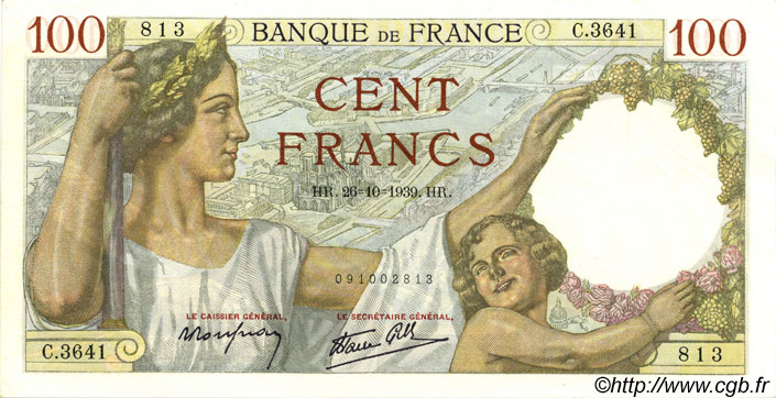 100 Francs SULLY FRANCE  1939 F.26.12 AU+