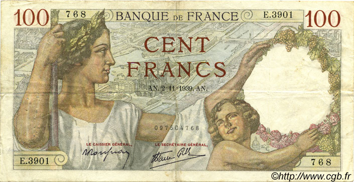 100 Francs SULLY FRANCE  1939 F.26.13 VF-
