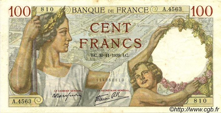100 Francs SULLY FRANKREICH  1939 F.26.16 VZ
