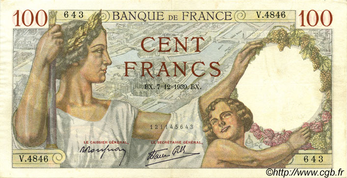 100 Francs SULLY FRANCIA  1939 F.26.17 EBC