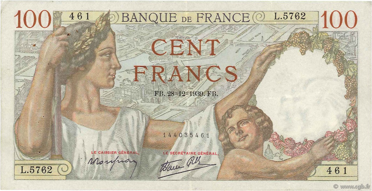 100 Francs SULLY FRANCE  1939 F.26.19 VF+