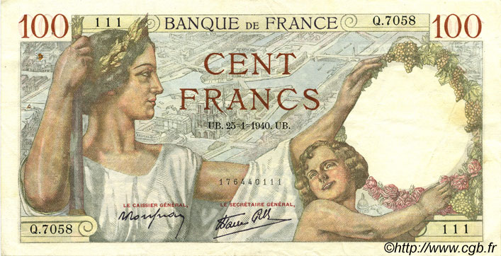 100 Francs SULLY FRANCE  1940 F.26.21 VF+