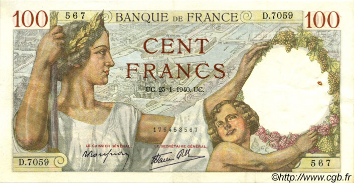 100 Francs SULLY FRANCE  1940 F.26.21 XF