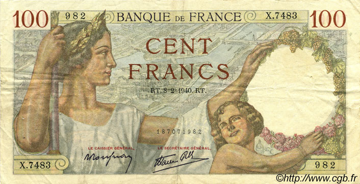 100 Francs SULLY FRANCE  1940 F.26.22 VF
