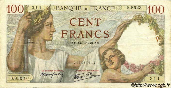 100 Francs SULLY FRANKREICH  1940 F.26.25 fSS