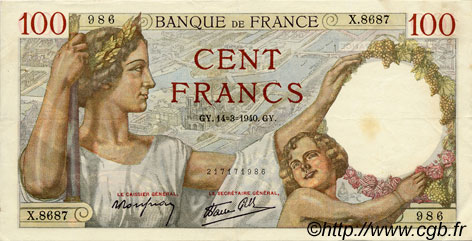 100 Francs SULLY FRANKREICH  1940 F.26.25 fVZ
